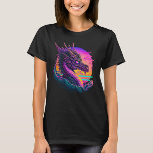 Draak Vaporwave Abstract Landschap Maan Boom Water T-shirt