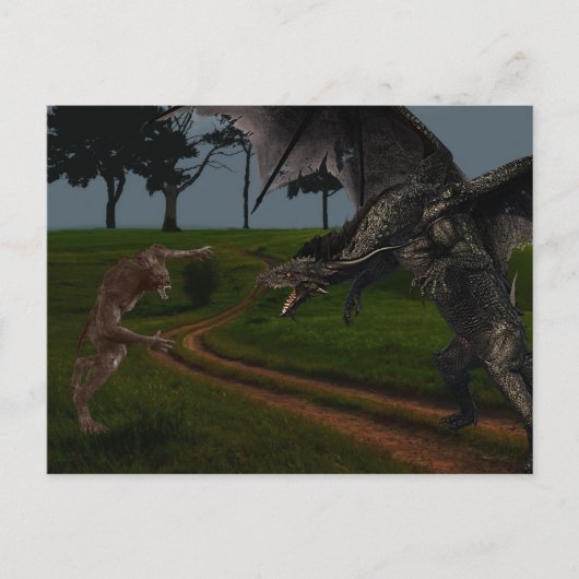 Draak Versus Weerwolf Fantasie Briefkaart (Voorkant)