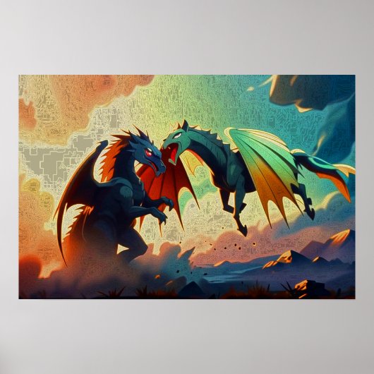 Draak vs Pegasus - Fantasie Kunst Poster (Voorkant)
