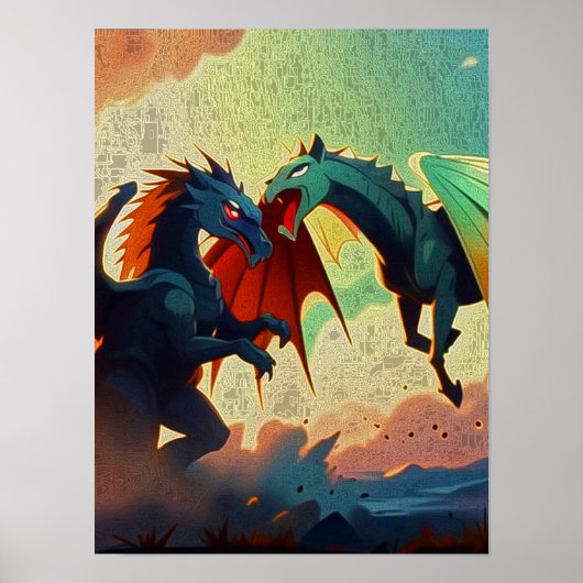 Draak vs Pegasus - Fantasie Kunst Poster (Voorkant)
