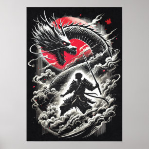 Draak vs Samurai krijger - Japanse Tatoeage Poster