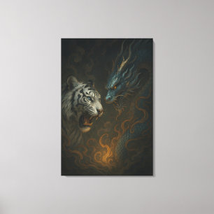 Draak vs Witte Tijger – Mystieke Fantasie Wandkuns Canvas Afdruk