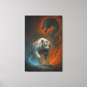 Draak vs Witte Tijger – Mystieke Fantasie Wandkuns Canvas Afdruk