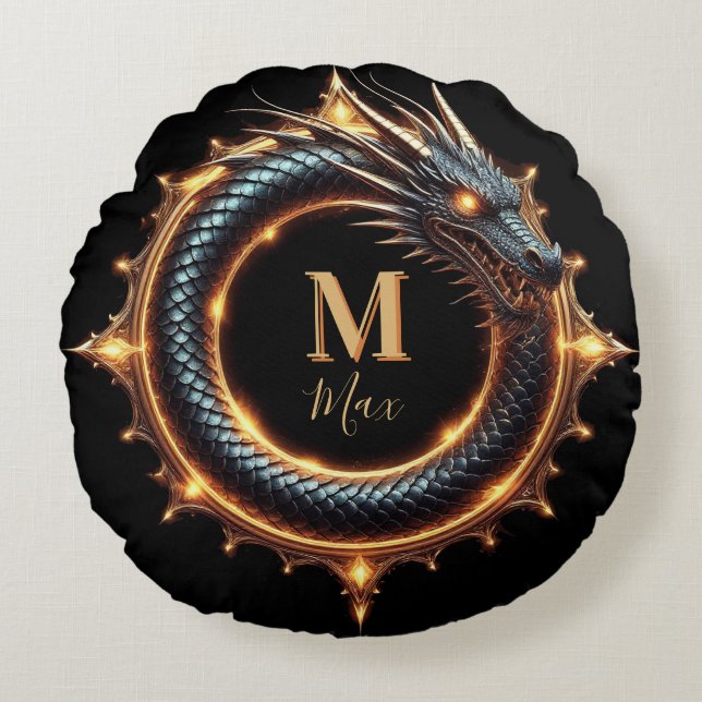 🐉 Draakfantasie Symbool met Aangepaste Naam Voor  Rond Kussen (Voorkant)