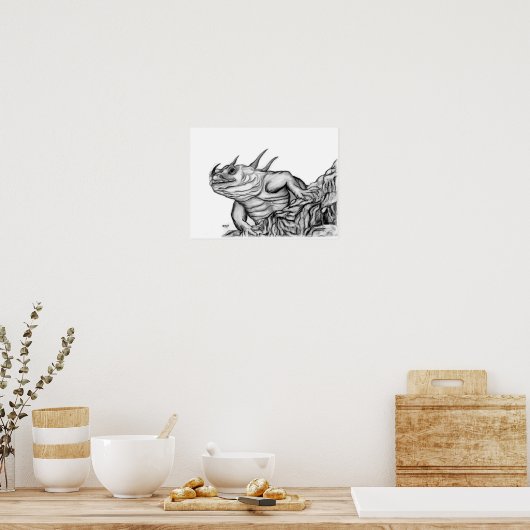 Drache am Fels schwarz-weiß-ontwerp Poster (Keuken)