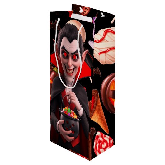 Dracula houdt van Snoep Spooky Halloween Wijn Cadeautas (Achterkant Gekanteld)