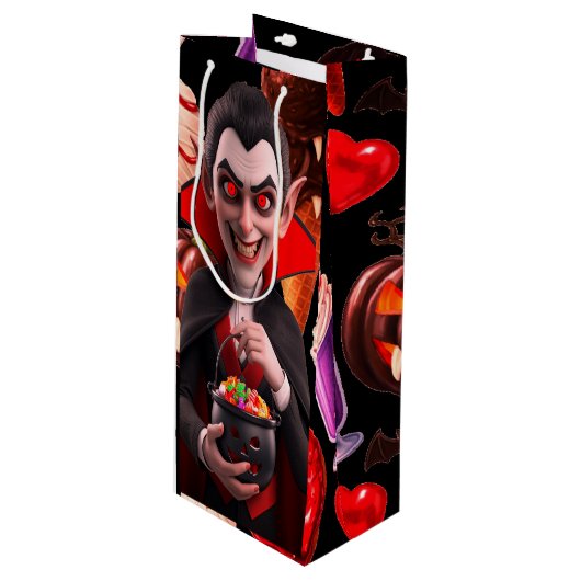 Dracula houdt van Snoep Spooky Halloween Wijn Cadeautas (Voorkant Gekanteld)