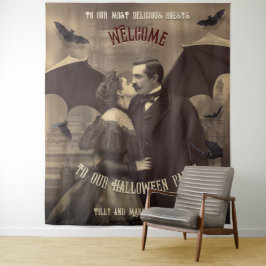 Dracula Kissing Halloween Foto Booth Achtergrond Wandkleed