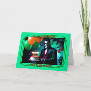 Dracula met taart - Happy Birthday op Halloween Kaart