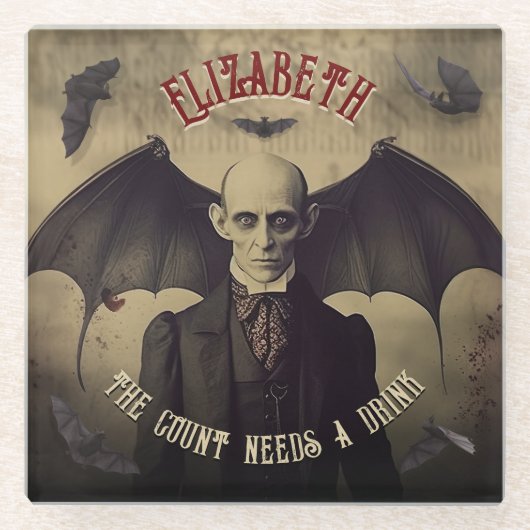  Dracula met vleermuizen Halloween Glazen Onderzetter (Voorkant)