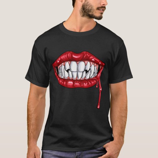 Dracula Vampire Fangs Teeth Lips Halloween T-shirt (Voorkant)