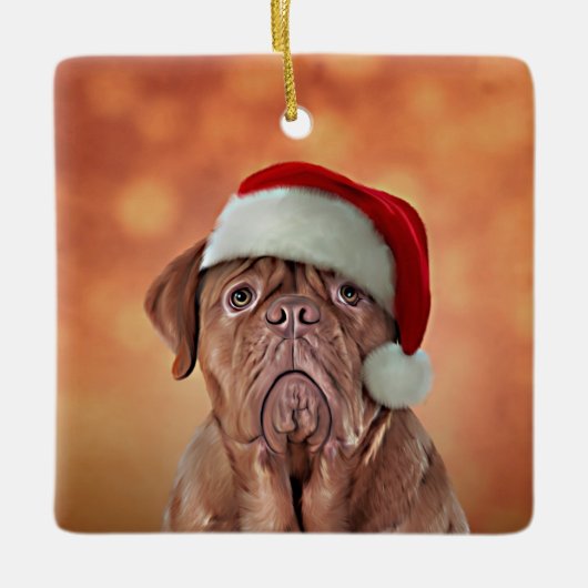 Dradenhond Dogue de Bordeaux in het rode pet van d Keramisch Ornament (Voorkant)