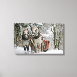 Draft Horses Pulling Sleigh Canvas Afdruk