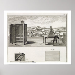 Dragers: een gewone houten camera obscura en een poster