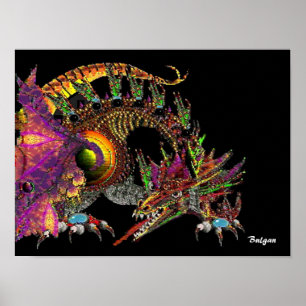 DRAGO / FANTASIE GOUDEN DRAAK IN PAARS EN ZWART POSTER