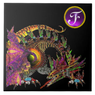 DRAGO, FANTASIEDRAAK, PAARSE EDELSTEEN MONOGRAM TEGELTJE