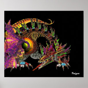 DRAGO / FANTASY GOLD DRAGON IN PAARS EN ZWART POSTER