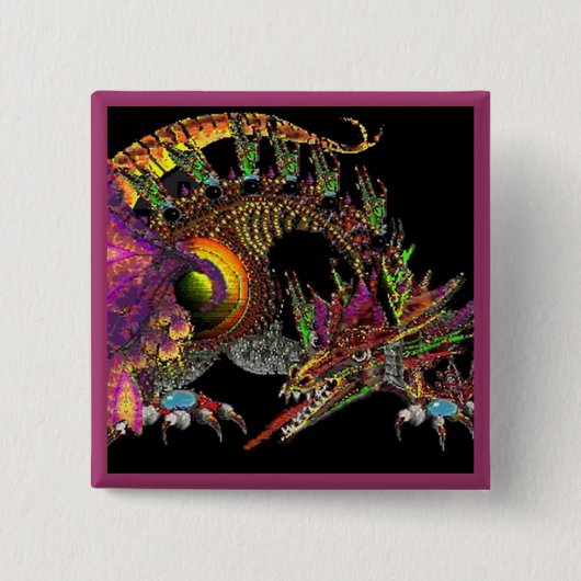 DRAGO / FANTASY GOLD DRAGON IN PAARS EN ZWART VIERKANTE BUTTON 5,1 CM (Voorkant)