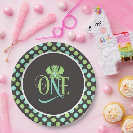 Dragon 1e verjaardag Borden groen/blauw/grijs Papieren Bordje (Feest)