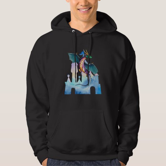 Dragon and Castle Watercolor Fantasy Mythical Myst Hoodie (Voorkant)