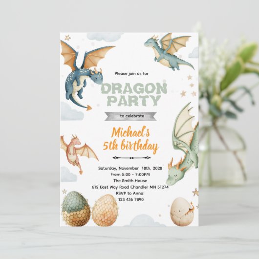 Dragon and eggs birthday Invitation Kaart (Staand voorkant)
