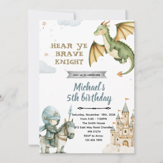 Dragon and Knight Birthday Party Invitation Kaart (Voorkant)