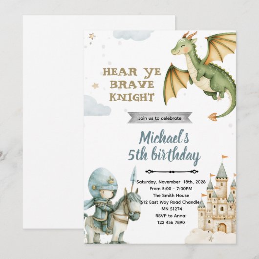 Dragon and Knight Birthday Party Invitation Kaart (Voorkant / Achterkant)