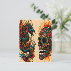 Dragon and Sugar Skull Day of the Dead Art Briefkaart