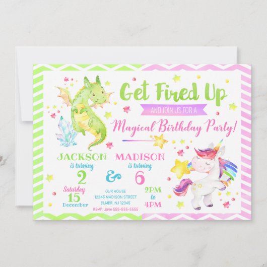 Dragon and Unicorn Joint Birthday Invitation Kaart (Voorkant)