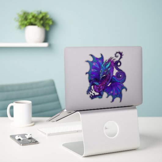 Dragon Art Nouveau Style Blue en Paars Sticker (Laptop op bureau)