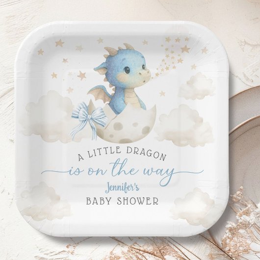 Dragon Baby Shower Boy Blue Cute Dragon Papieren Bordje