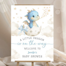 Dragon Baby Shower Boy Blue Cute Welcome Sign