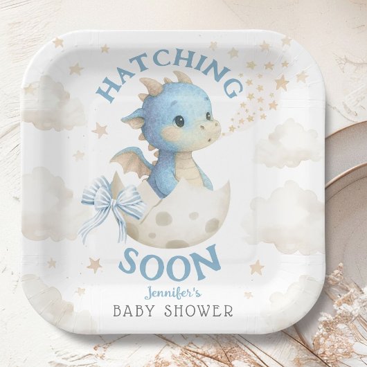 Dragon Baby Shower Boy Blue Hatching Soon Papieren Bordje
