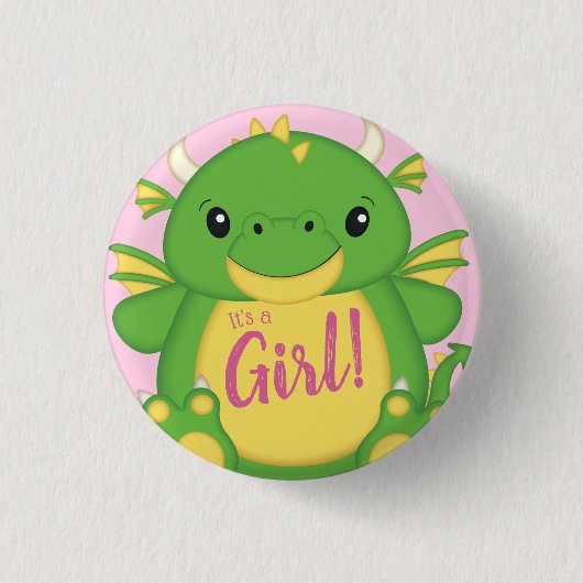 Dragon Baby shower Roze Ronde Button 3,2 Cm (Voorkant)