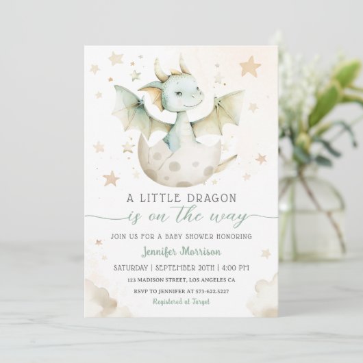 Dragon Baby shower Schattige Boho Green Waterverf Kaart (Staand voorkant)