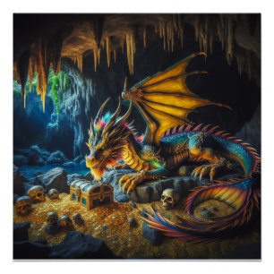 Dragon bewaakt zijn Treasures Fantasy Poster Art