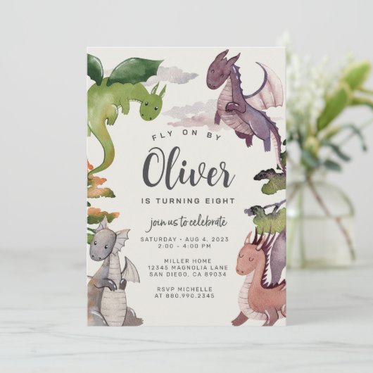 Dragon Birthday Invitation · Draken Waterverf Kaart (Staand voorkant)