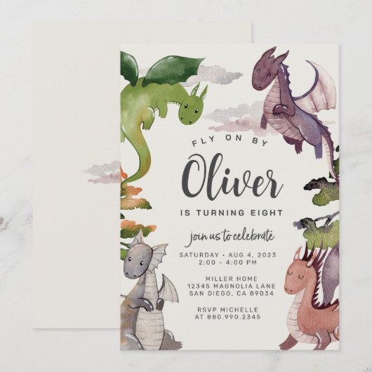 Dragon Birthday Invitation · Draken Waterverf Kaart (Voorkant / Achterkant)