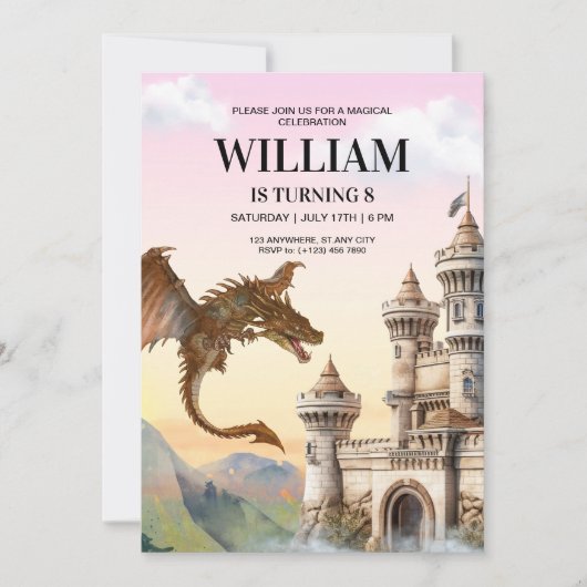 Dragon Birthday Invitation, Jurassic Kids Verjaard Kaart (Voorkant)