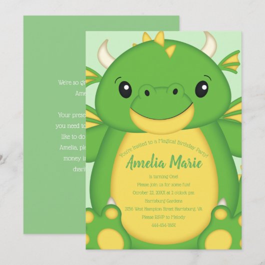 Dragon Birthday Party Green Kaart (Voorkant / Achterkant)