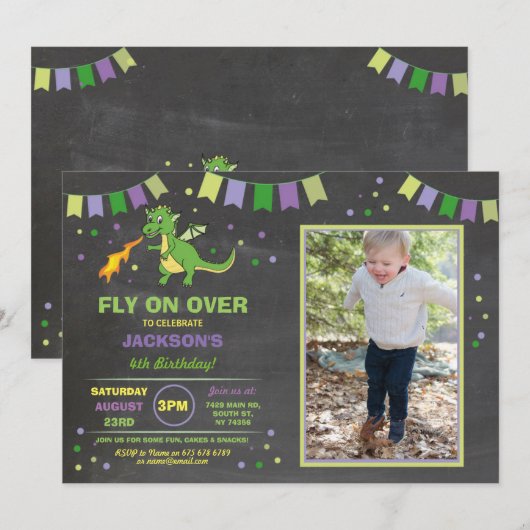 Dragon Birthday Party nodigt jongens en meisjes ui Kaart (Voorkant / Achterkant)