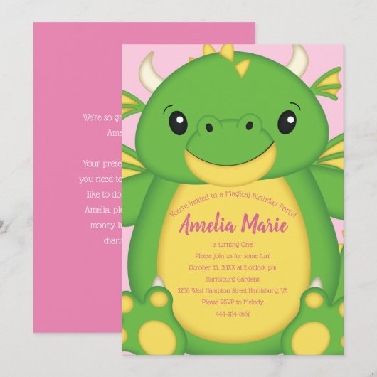 Dragon Birthday Party roze Kaart (Voorkant / Achterkant)