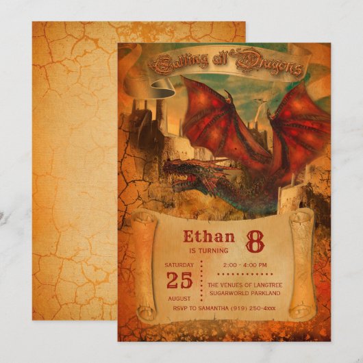 Dragon Birthday Uitnodiging (Voorkant / Achterkant)