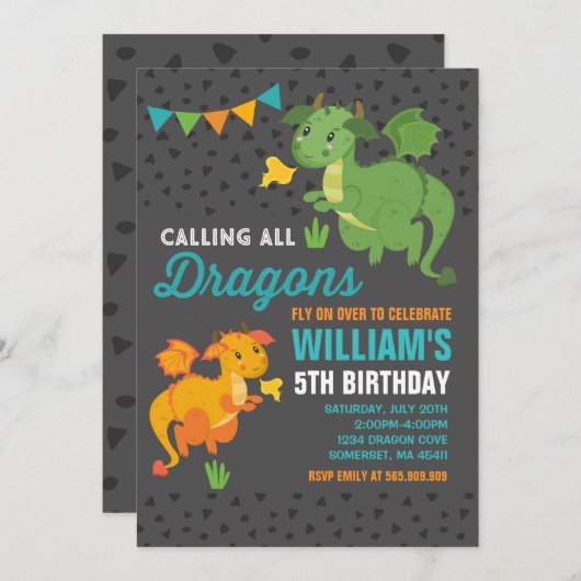 Dragon Birthday Uitnodiging Ridders & Draken Party (Voorkant / Achterkant)