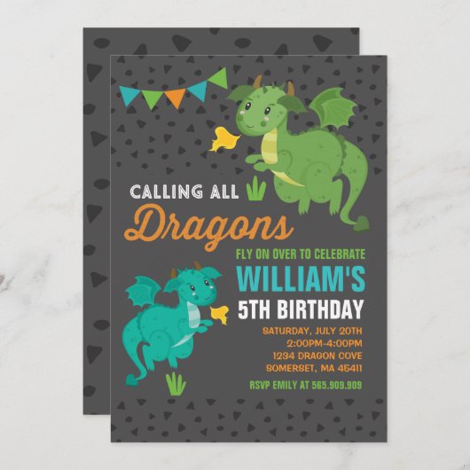 Dragon Birthday Uitnodiging Ridders & Draken Party (Voorkant / Achterkant)