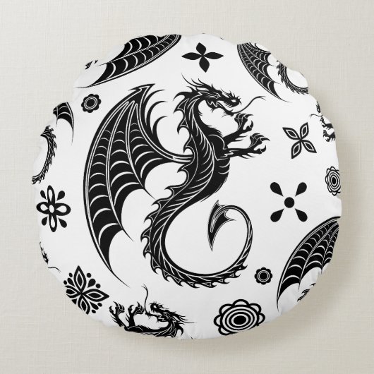 Dragon Black Shape Tattoo Stijl Rond Kussen (Voorkant)