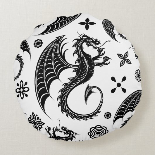 Dragon Black Shape Tattoo Stijl Rond Kussen (Achterkant)
