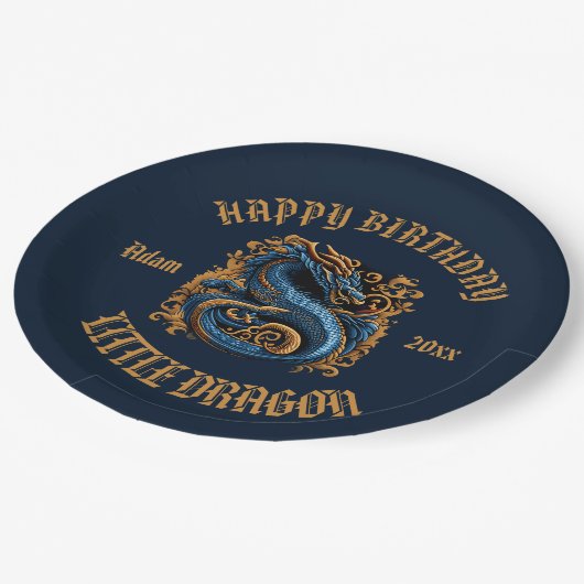 Dragon Blauw en Gouden Verjaardagsfeestje Papieren Bordje (Gekanteld)