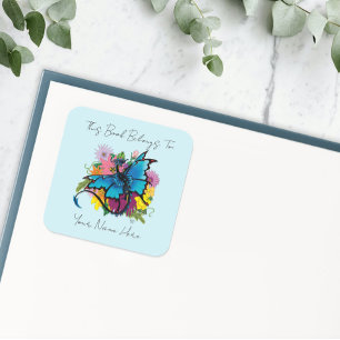 Dragon Blauwe Vlinder Bloemen Boekplaat Vierkante Sticker