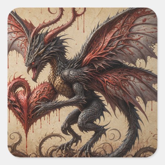 Dragon bloedend hart donkere fantasie vierkante sticker (Voorkant)